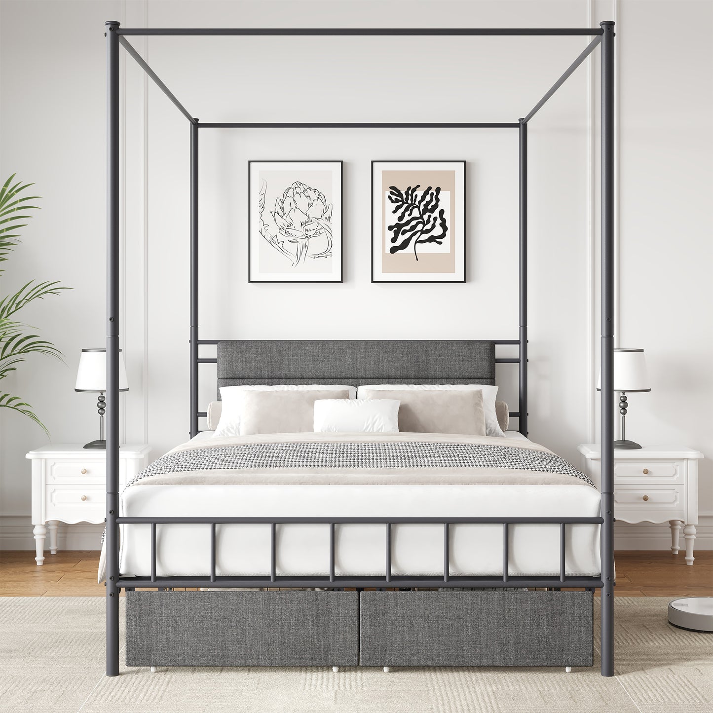 HSUNNS Queen Bed Frame, Queen Size Canopy Bed Frame with 2 Storage Drawers, Wooden Headboard and Footboard, Metal Platform Bed with Under-Bed Storage, No Box Spring Needed, Black+Brown