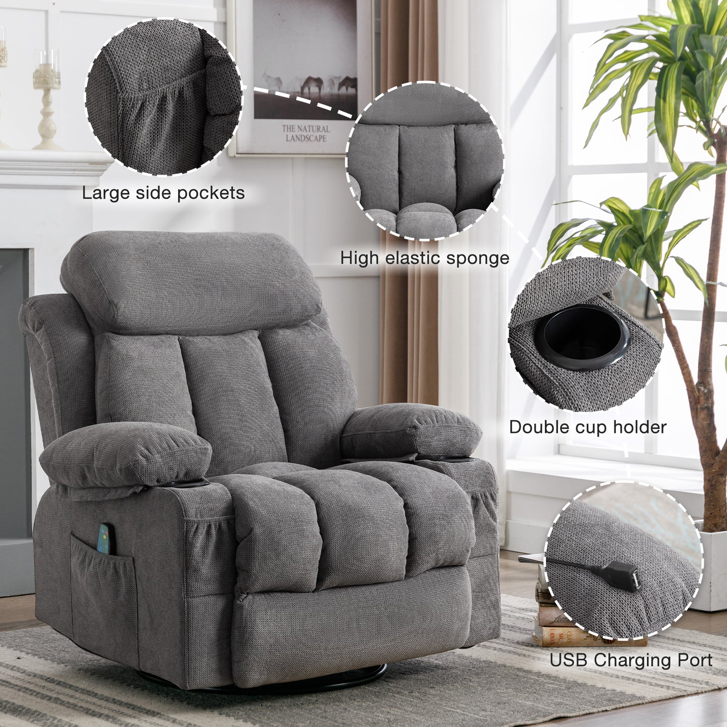 HSUNNS Swivel Recliner Chair with Massage and Heat for the Elderly, Oversized Recliner for Living Room with Cup Holders and USB Port, Side Pockets, Comfortable Backrest and Armrests, Gray