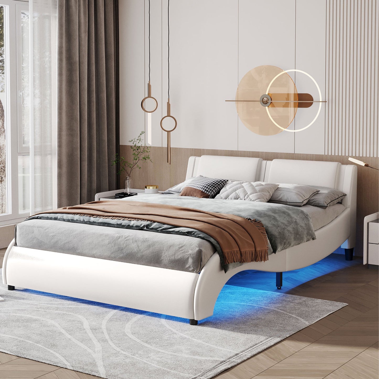 HSUNNS Faux Leather Upholstered Queen Platform Bed Frame with 16-Color LED Lights, Low Profile Wave Like Design Queen Bed Frame with Headboard and Wood Slat Support, No Box Spring Needed, Black