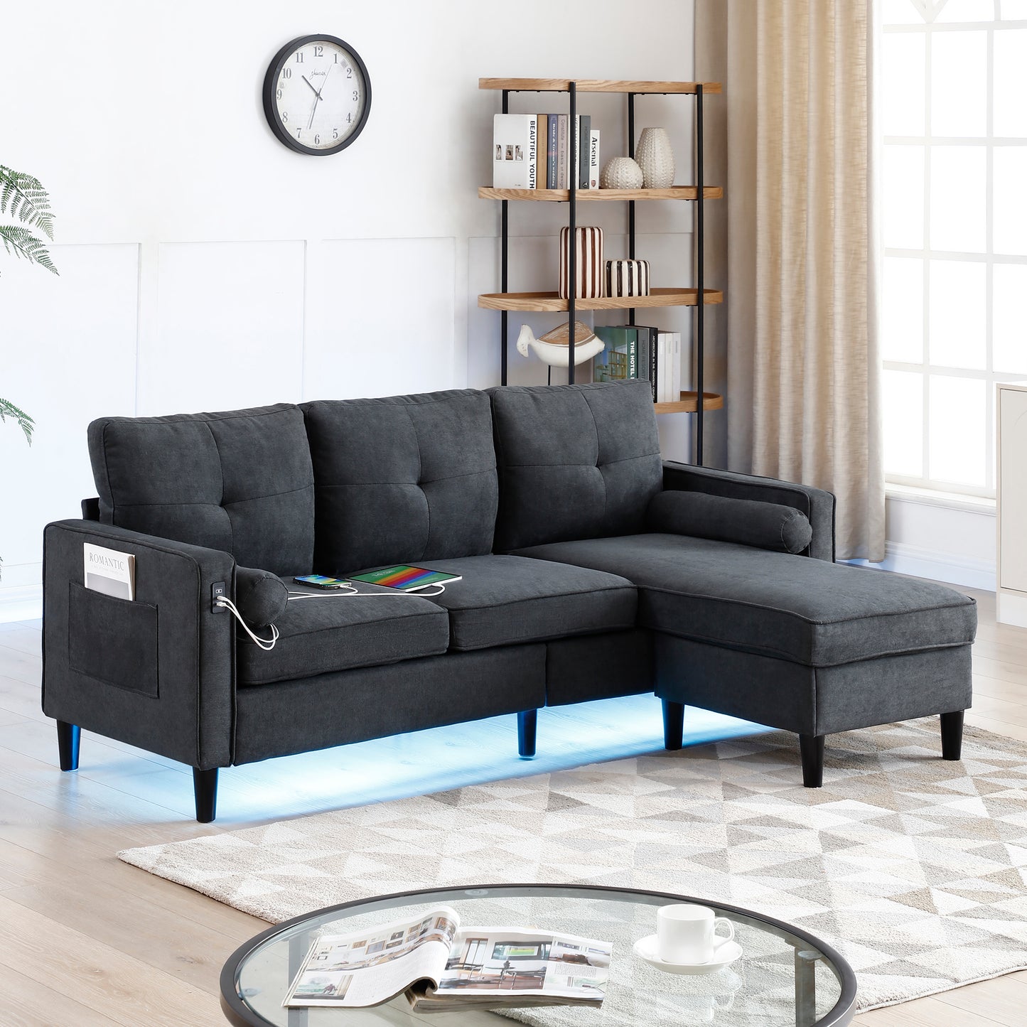 HSUNNS Sectional Sofa, 3 Seat L Shaped Couch with Storage Reversible Ottoman and Side Pockets, USB Charget Port, LED Lights, Sectional Couches for Living Room, Nursery, Grey