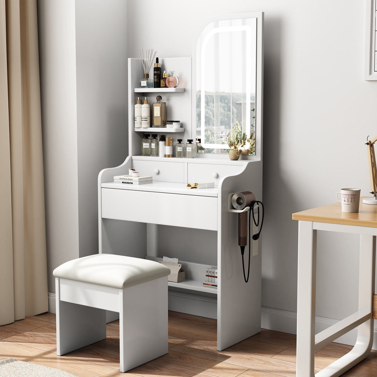 HSUNNS Vanity Set with Lighted Mirror, Modern 3 Drawers Makeup Dressing Desk, Vanity Table Desk with Storage, Bedroom Vanities Set for Girls and Women, White