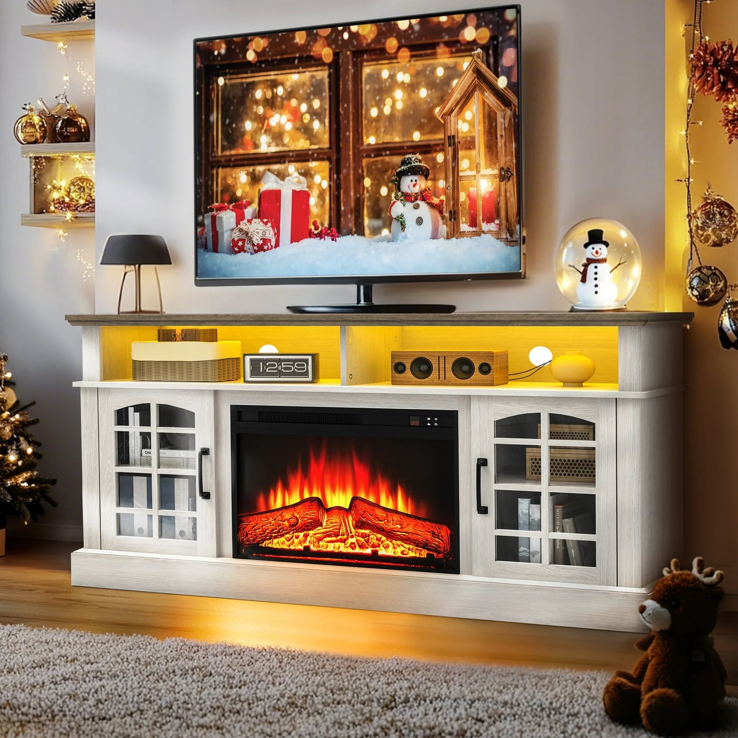 SYNGAR Fireplace Electric TV Stand for 65" TV with LED Light, Modern Entertainment Center With Remote Control Virtual Flame Fireplace, 2 Cabinet Storage, Glass Door, Storage Shelves, White+Black