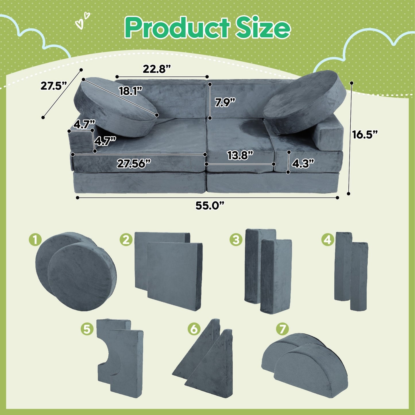HSUNNS 14 PCS Kids Couch, Velvet Kids Play Modular Couch, Kids Sofa for Boys and Girls, Easy Assembly, Modular Play Sofa for Bedroom and Playroom, Gray