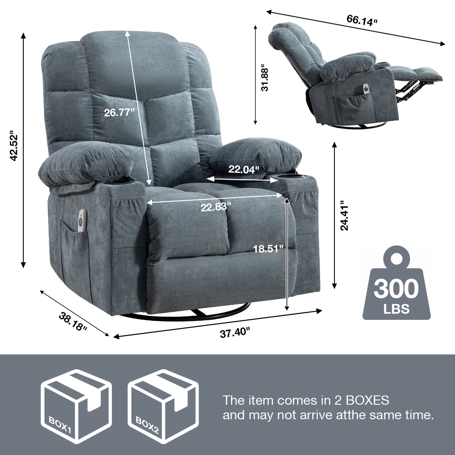 HSUNNS Swivel Recliner Chair for Adults, Living Room Fabric Recliner Chair with Massage and Heat, Single Sofa with USB Port, Cup Holder, Side and Front Pocket, Blue
