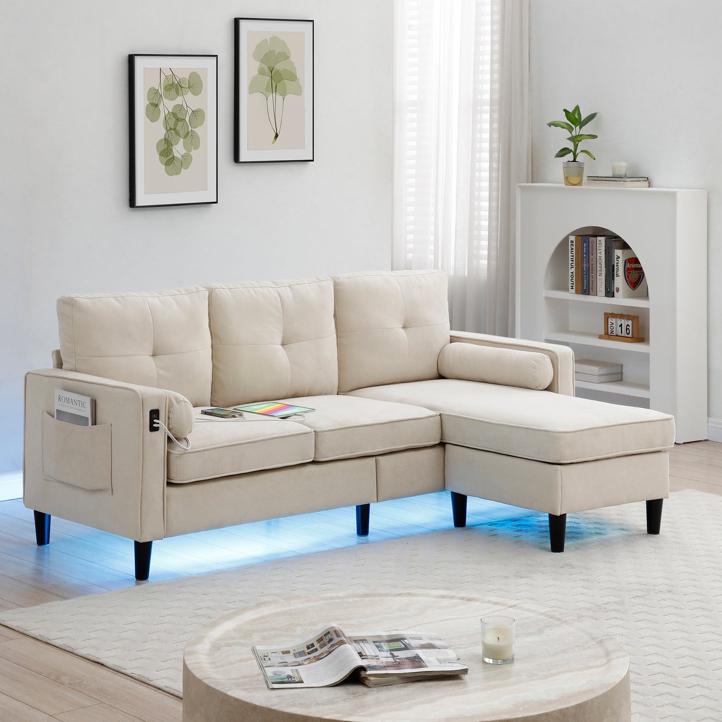 HSUNNS Sectional Sofa, 3 Seat L Shaped Couch with Storage Reversible Ottoman and Side Pockets, USB Charget Port, LED Lights, Sectional Couches for Living Room, Nursery, Grey