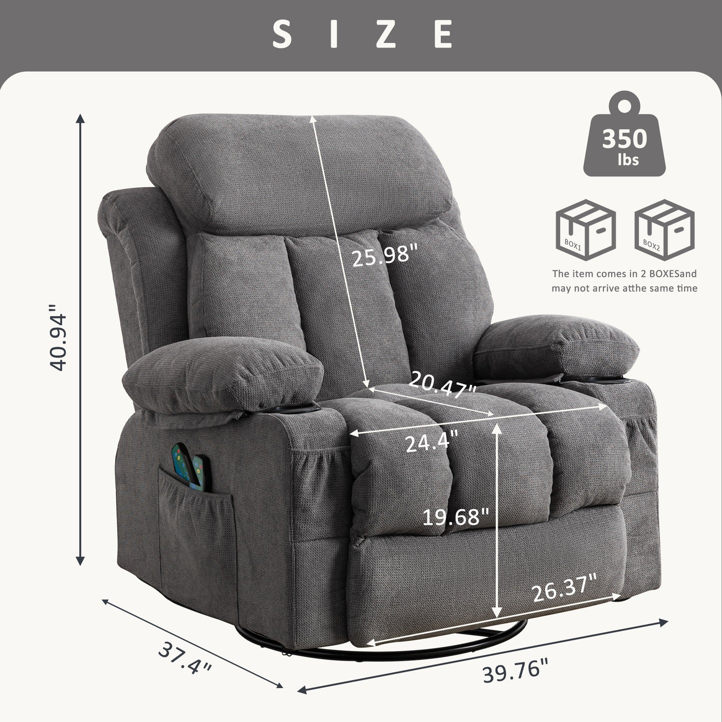 HSUNNS Swivel Recliner Chair with Massage and Heat for the Elderly, Oversized Recliner for Living Room with Cup Holders and USB Port, Side Pockets, Comfortable Backrest and Armrests, Gray
