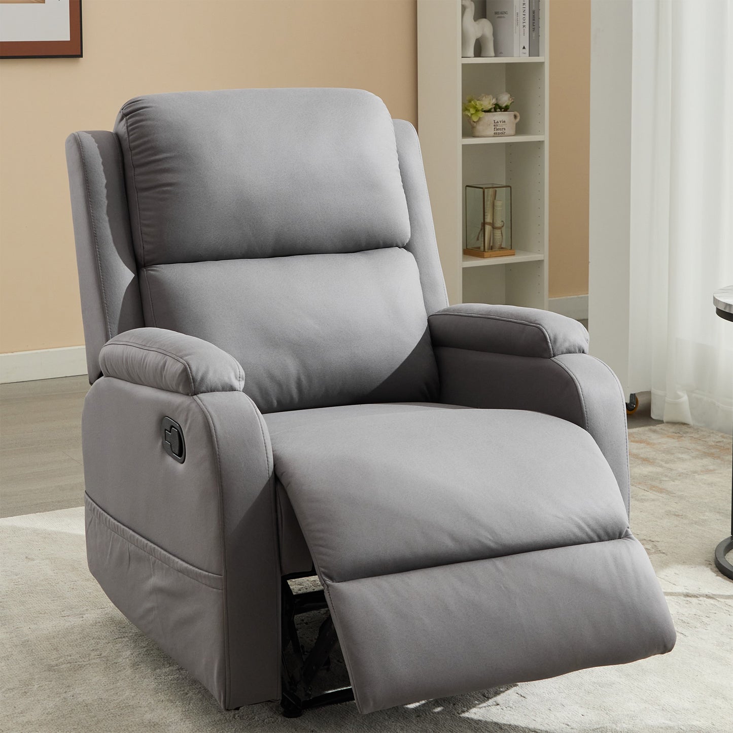 HSUNNS Recliner Chair, Manual Recliner Single Sofa with Side Pocket for Bedroom Home Theater, Easy-to-Reach Side Button, PU Leather Comfy Reading Chair for Living Room, Easy Assembly, Gray
