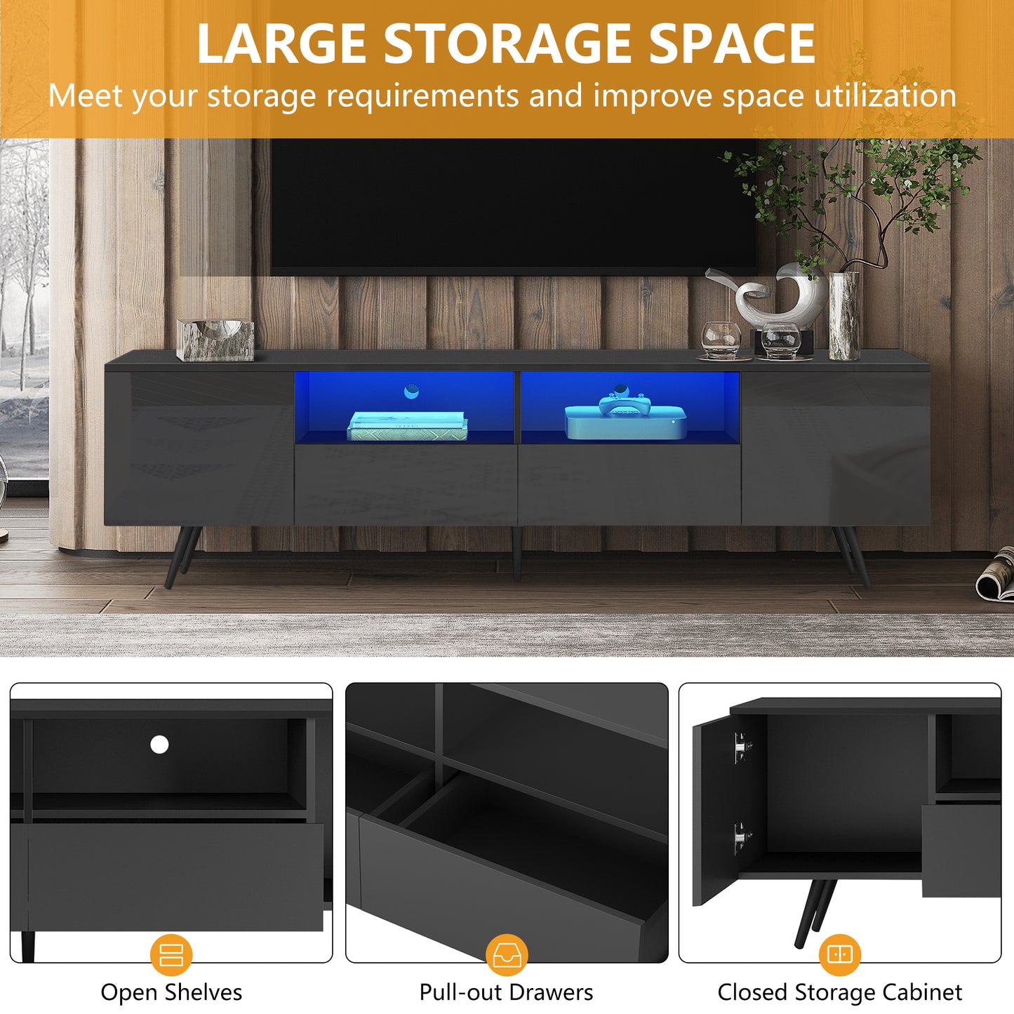 TV Stand for 80 inch TVs, HSUNNS Contemporary High Glossy TV Cabinet Entertainment Center with RGB Lights | Timing Function | APP Control | 2 Drawers | Open Shelves, TV Media Console for Living Room