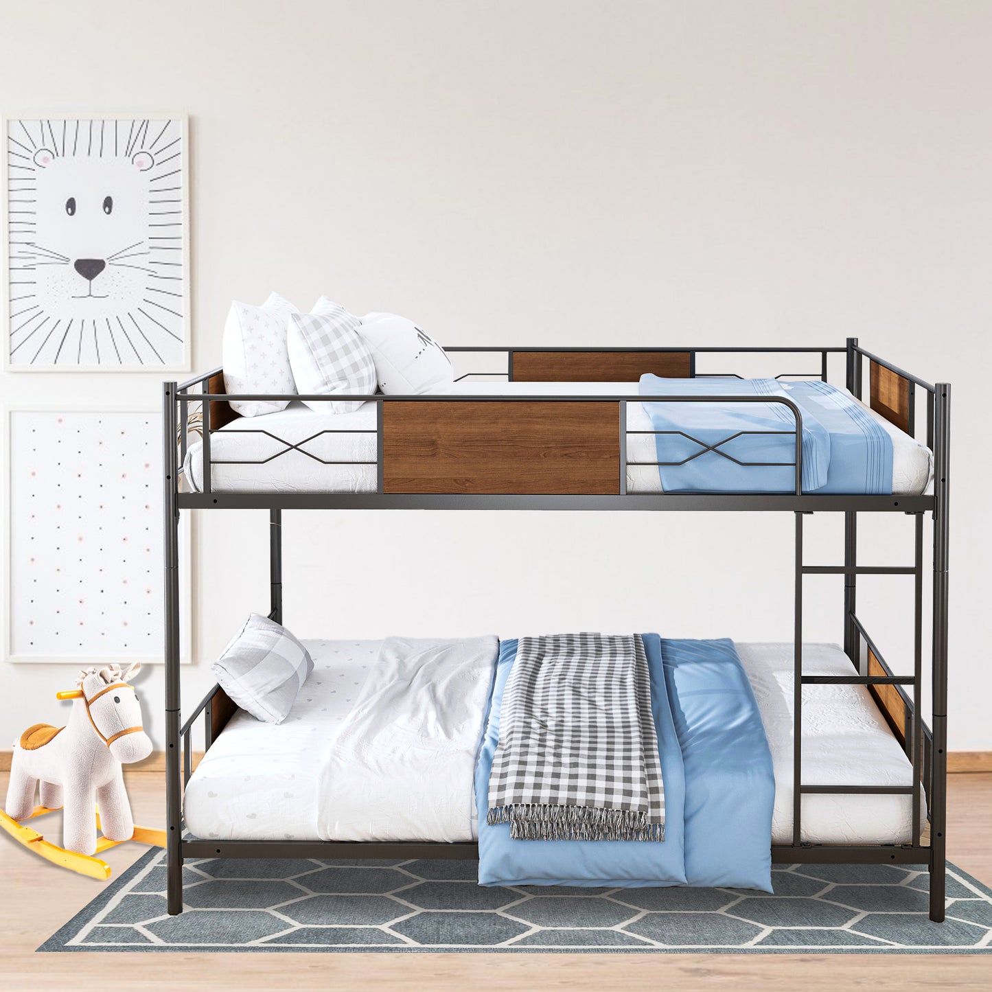 Full Over Full Bunk Bed for Kids, HSUNNS Industrial Metal Convertible Bunk Beds Full Over Full with Ladder, Guardrail, Modern Kids Bedroom Furniture, No Box Spring Needed, up to 500lbs Capacity, A586