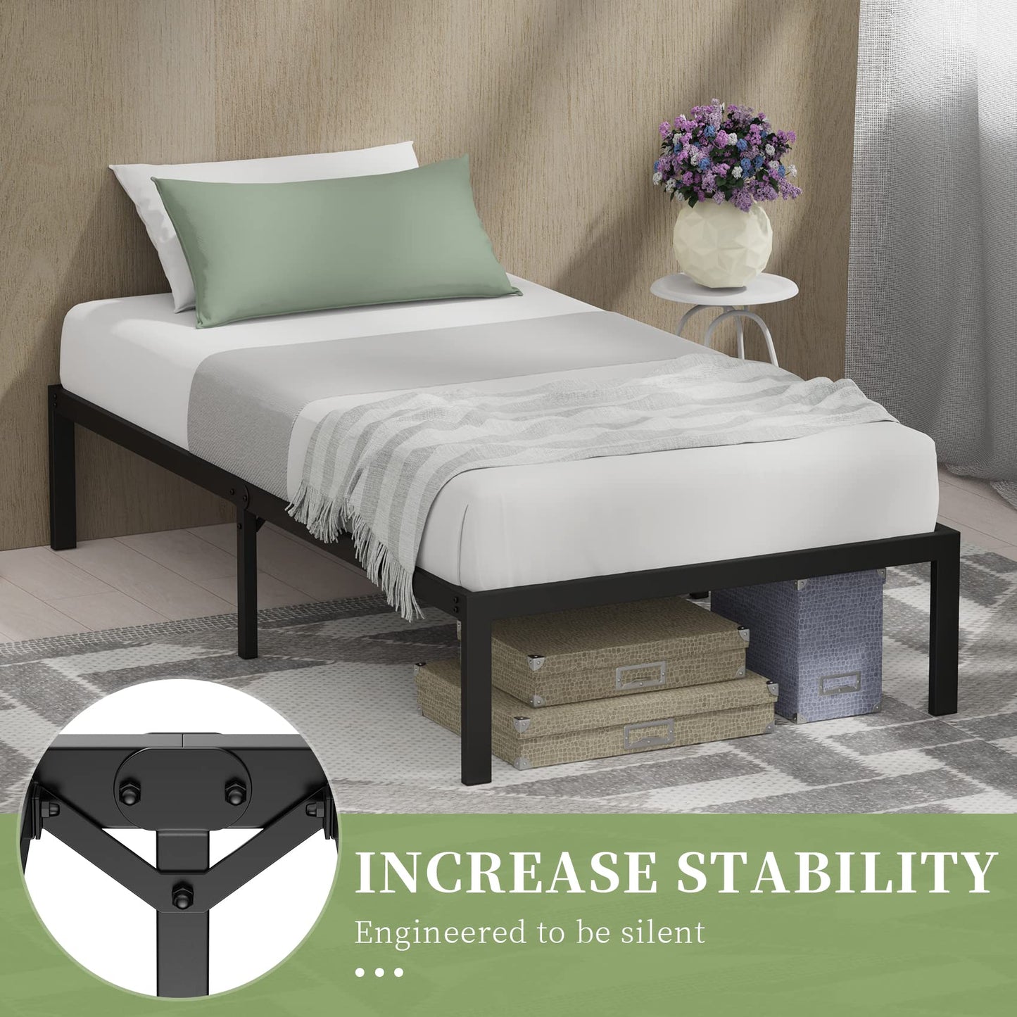 Twin Size Metal Platform Bed, HSUNNS Heavy Duty Metal Bed Frame with 13in Large Underbed Storage Space, Twin Size Platform Bed with Solid Metal Slat Support, No Box Spring Needed, Black