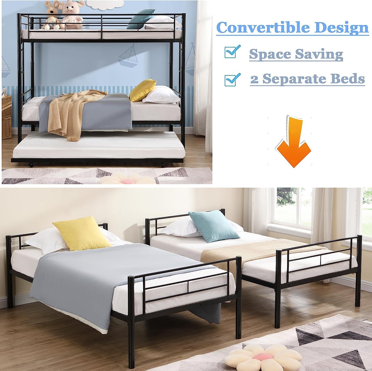 HSUNNS Metal Triple Bunk Bed Twin Over Twin&Twin for Kids, Modern Triple Bunk Bed with Guardrails and Ladder, Separable into 3 Platform Bed with Headboard, Black Twin Bed Frame for Boys Girls