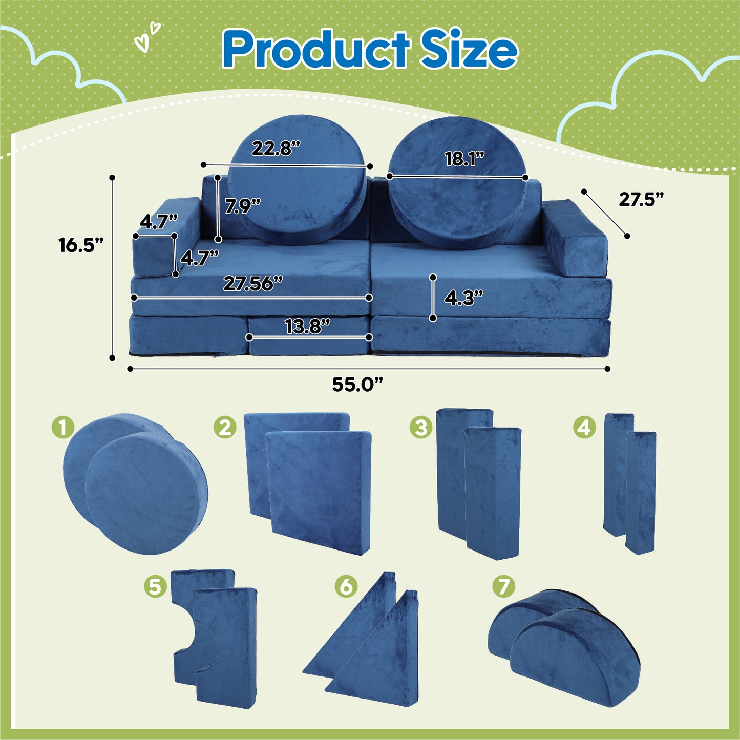 HSUNNS 14 PCS Kids Couch, Velvet Kids Play Modular Couch, Kids Sofa for Boys and Girls, Easy Assembly, Modular Play Sofa for Bedroom and Playroom, Gray