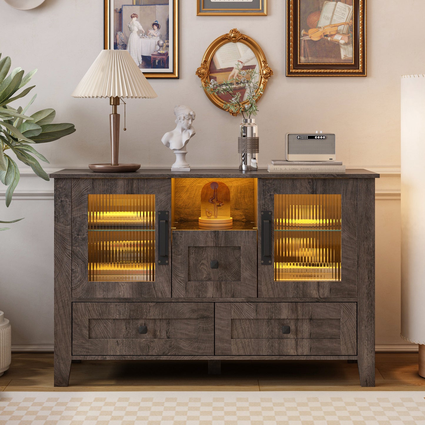 HSUNNS Sideboard Cabinet, Buffet Cabinet with Storage and Bluetooth Lamp Belt, Glass Doors, Toughened Glass Shelf, Bar Cabinets for Home, Dining Room, Livingroom, Brown with Antique White