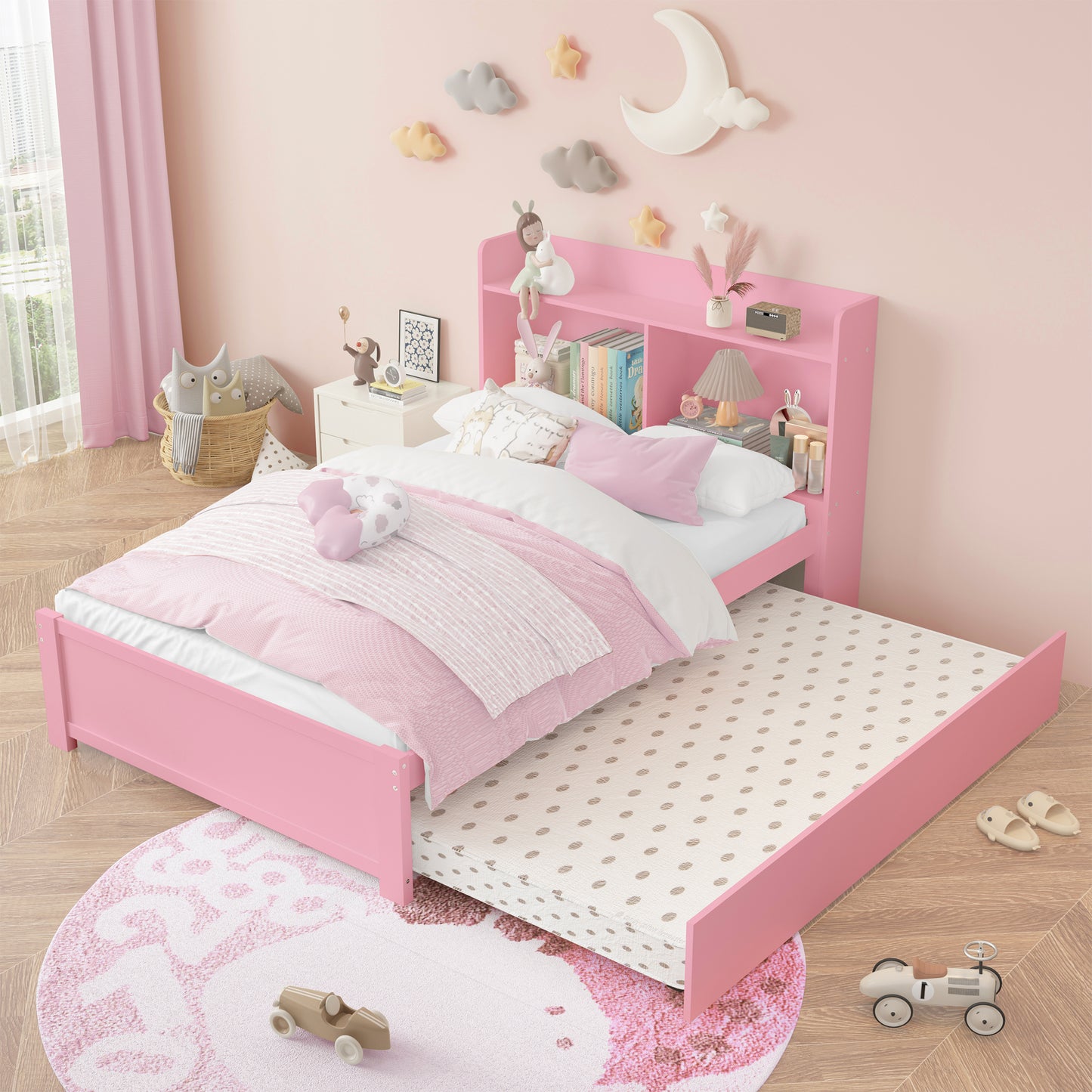 Twin Bed Frame with Trundle and Storage Bookcase, Modern Kids Platform Bed Frame with Pull Out Trundle, Solid Wood Trundle Bed with Headboard and Footboard, No Box Spring Needed, Gray