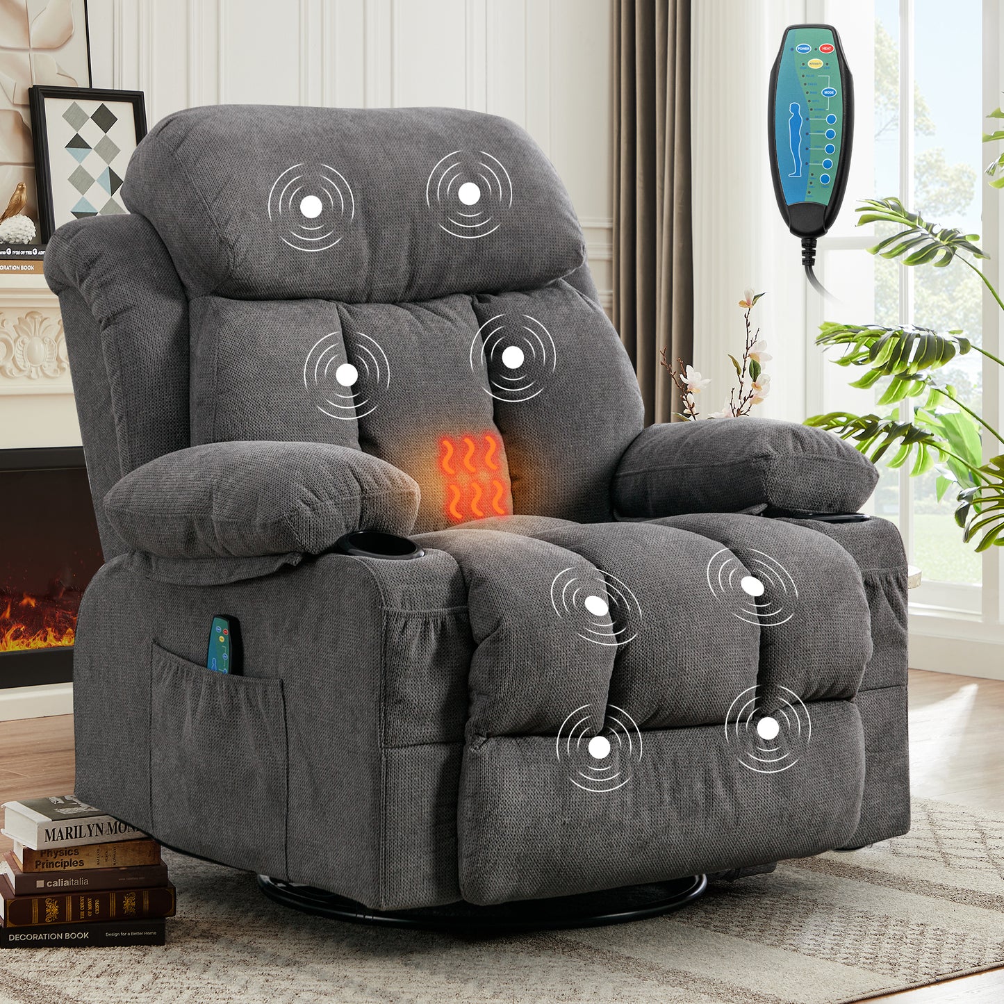 HSUNNS Swivel Recliner Chair with Massage and Heat for the Elderly, Oversized Recliner for Living Room with Cup Holders and USB Port, Side Pockets, Comfortable Backrest and Armrests, Gray