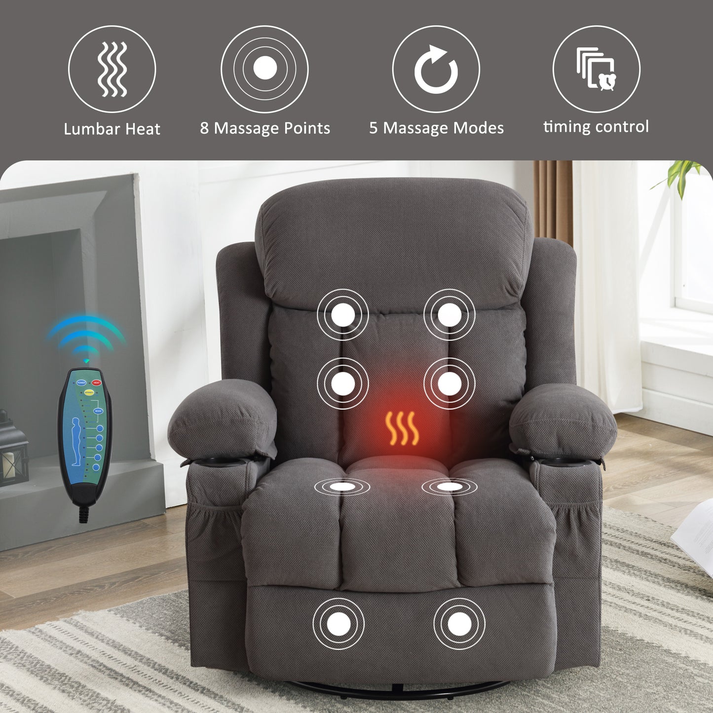 SYNGAR Oversized Recliner Chair, 360° Swivel Rocker Reclining Chair with Massage and Heat Function, USB, Cup Holders and Side Pockets, Living Room Single Sofa Seat Nursery Lounge Chair, Gray