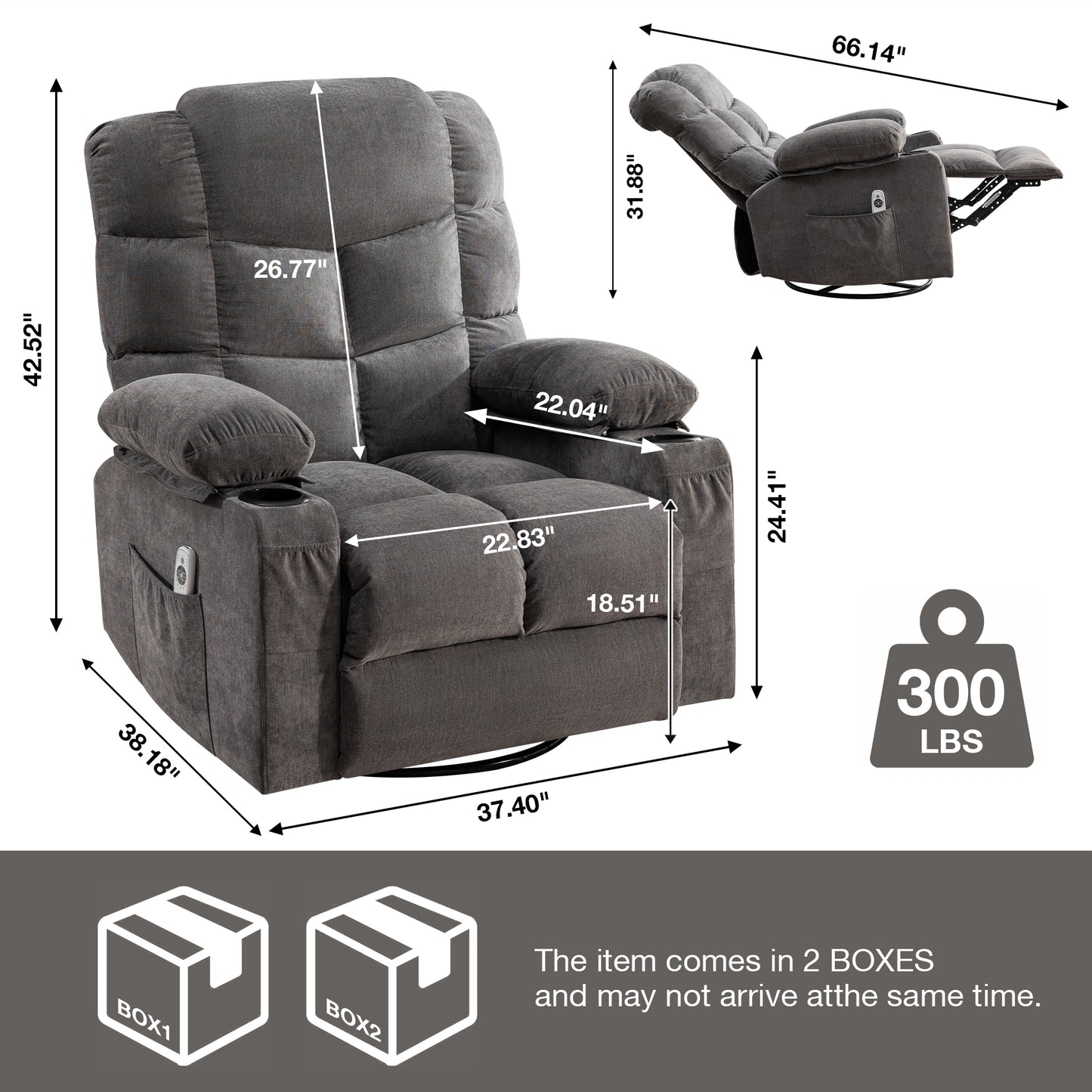 HSUNNS Swivel Recliner Chair for Adults, Living Room Fabric Recliner Chair with Massage and Heat, Single Sofa with USB Port, Cup Holder, Side and Front Pocket, Gray