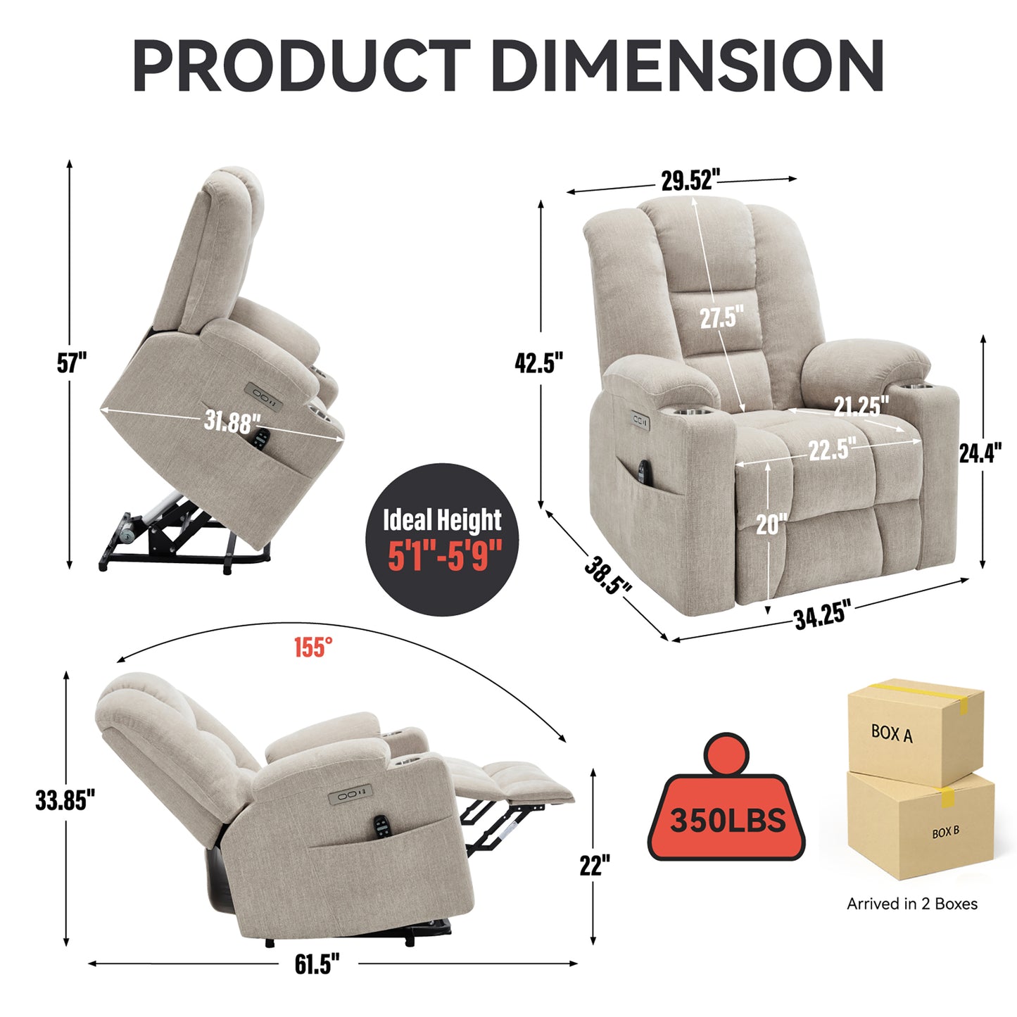 HSUNNS Power Lift Recliner Chair with Massage and Heat for Adult, Heavy Duty Reclining with USB Port and 2 Cup Holders, Living Room Overstuffed Wide Single Sofa Home Theater, Beige