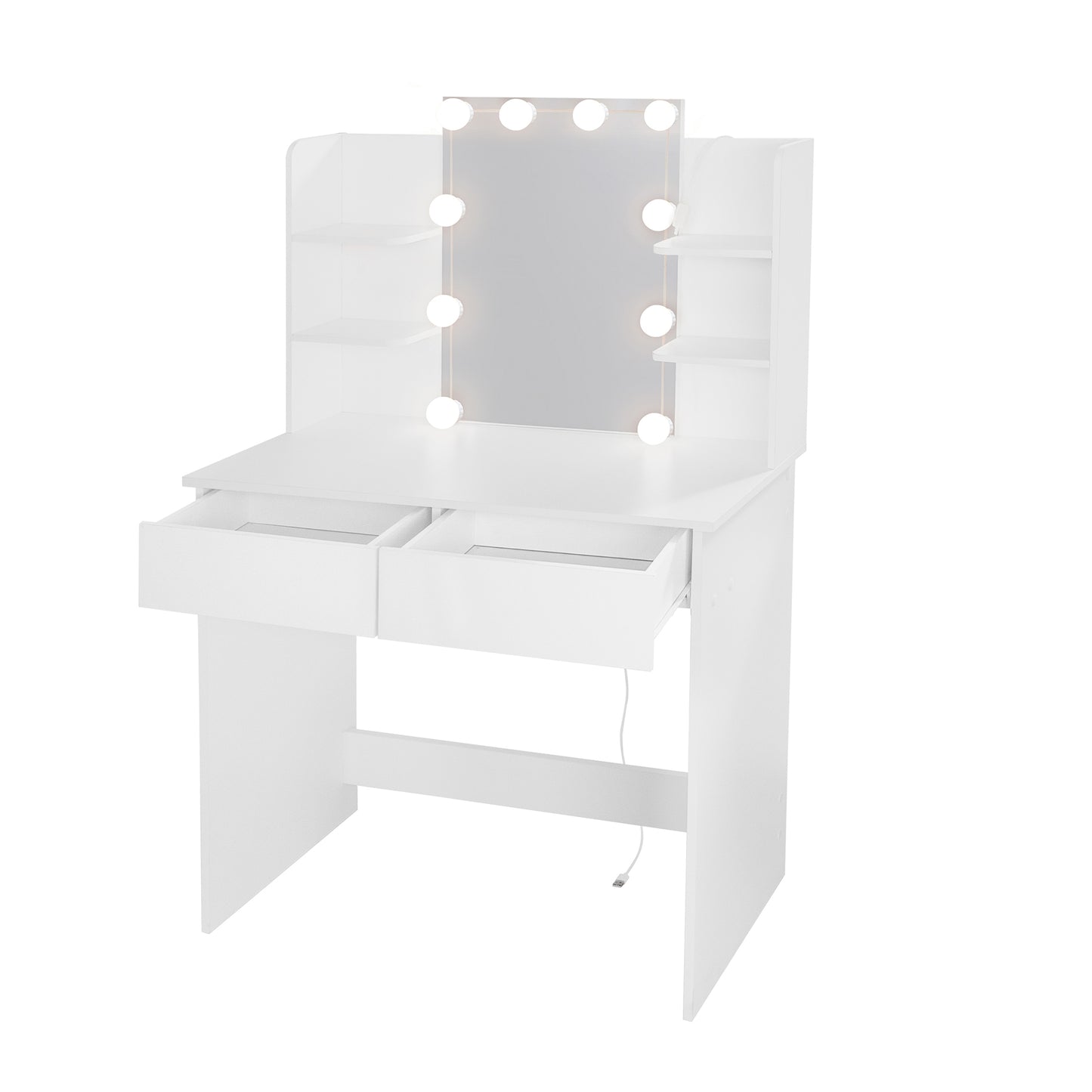HSUNNS Vanity Desk Set with Mirror and 10 LED Lights for Living Room, Modern Wood Makeup Vanity with 2 Large Drawers and Open Shelves, Makeup Desk, 17"x 23" Mirror, White