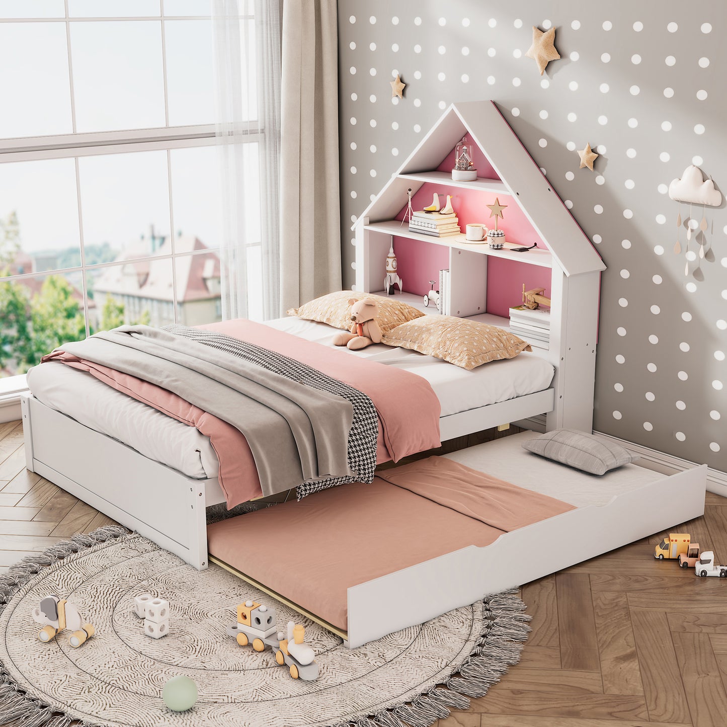 HSUNNS Bed Frame Twin Size, Pine Wood Bed Frame with Trundle and Storage Shelves, LED light, House-Shaped Platform Bed Frame with Pull Out Trundle, No Box Spring Needed, White with Blue