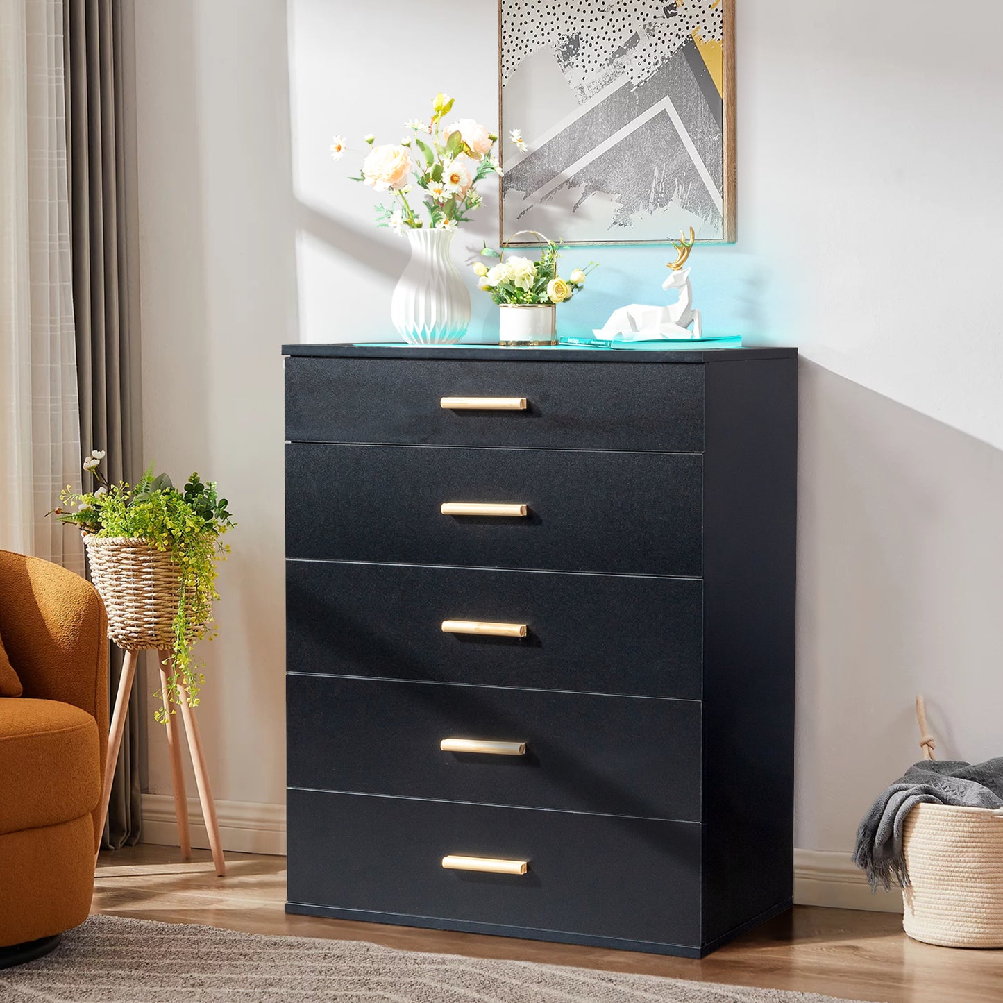 HSUNNS Modern White 5 Drawer Dresser with Jewelry Organizer, Remote and APP Control RGB Light, Storage Dresser for Bedroom with Glass Top, Chest of Drawers Organizer for Living Room, Nursery