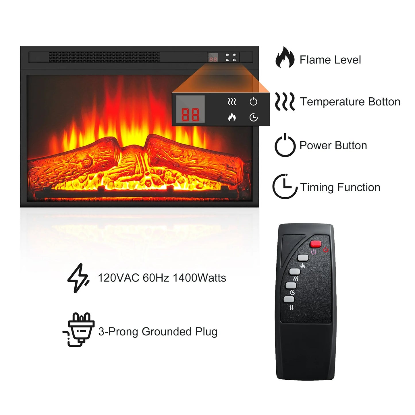 SYNGAR Fireplace Electric TV Stand for 65" TV with LED Light, Modern Entertainment Center With Remote Control Virtual Flame Fireplace, 2 Cabinet Storage, Glass Door, Storage Shelves, White+Black