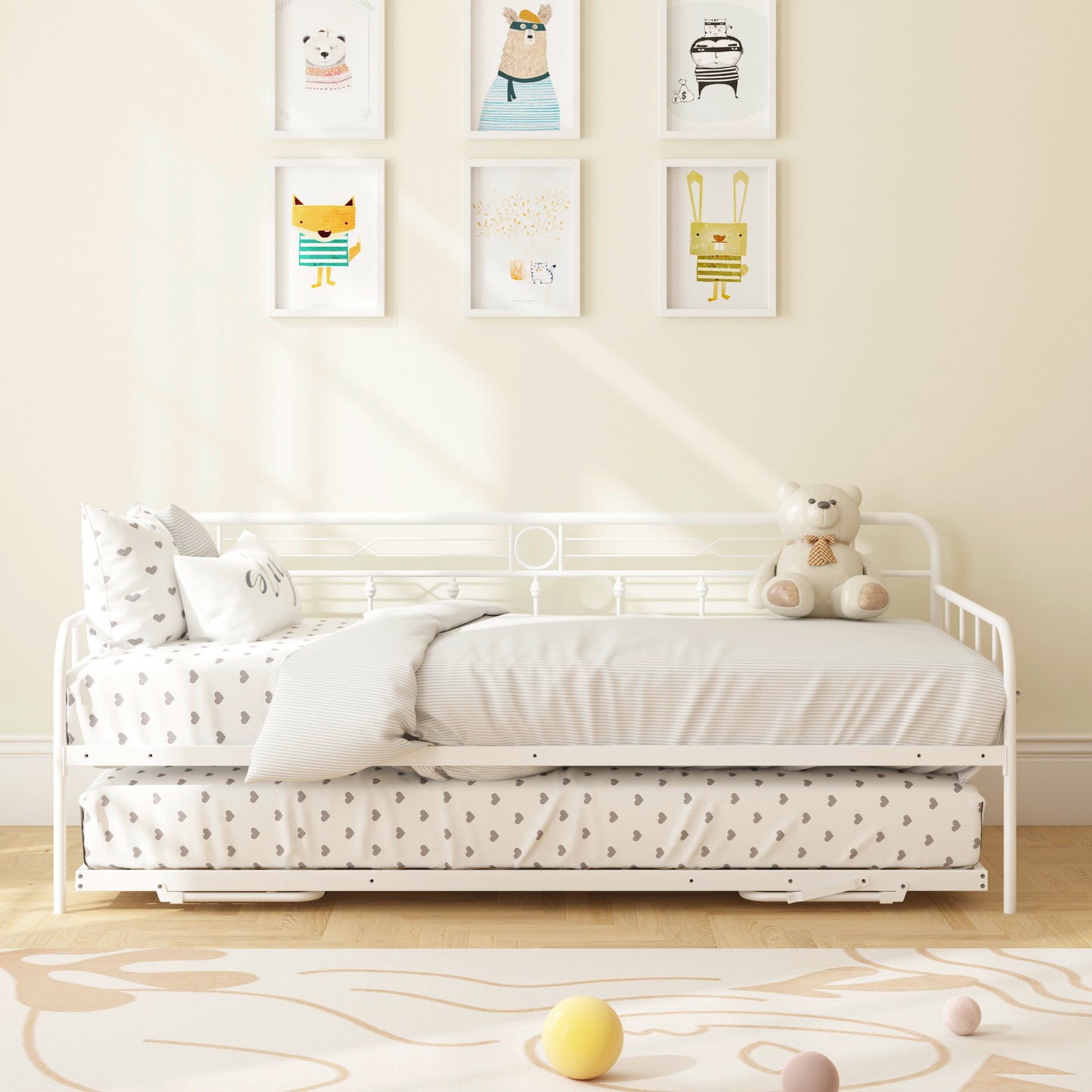 Twin Daybed with Trundle, HSUNNS Twin Size Metal Daybed With Pop Up Trundle Bed, Metal Platform Sofa Bed for Living Room, Slatted Support, No Box Spring Needed, 250lbs Weight Capacity, White