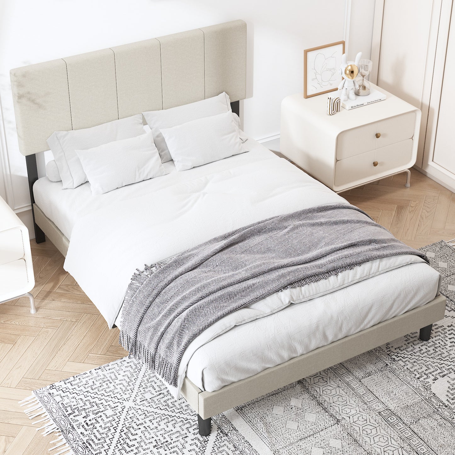 SYNGAR Upholstered Platform Bed Frame Full Size with Height Adjustable Headboard, Metal Full Bed Frame with Strong Slat Support, Bedroom Furniture, Noise Free, No Box Spring Needed, Beige
