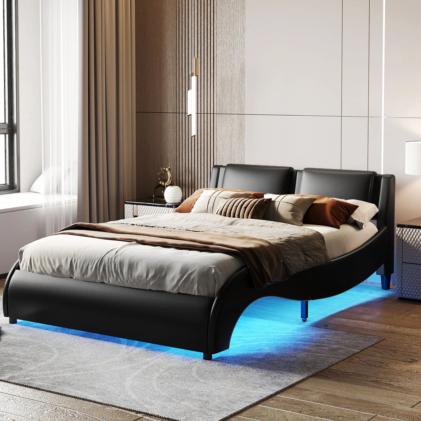 HSUNNS Faux Leather Upholstered Queen Platform Bed Frame with 16-Color LED Lights, Low Profile Wave Like Design Queen Bed Frame with Headboard and Wood Slat Support, No Box Spring Needed, Black