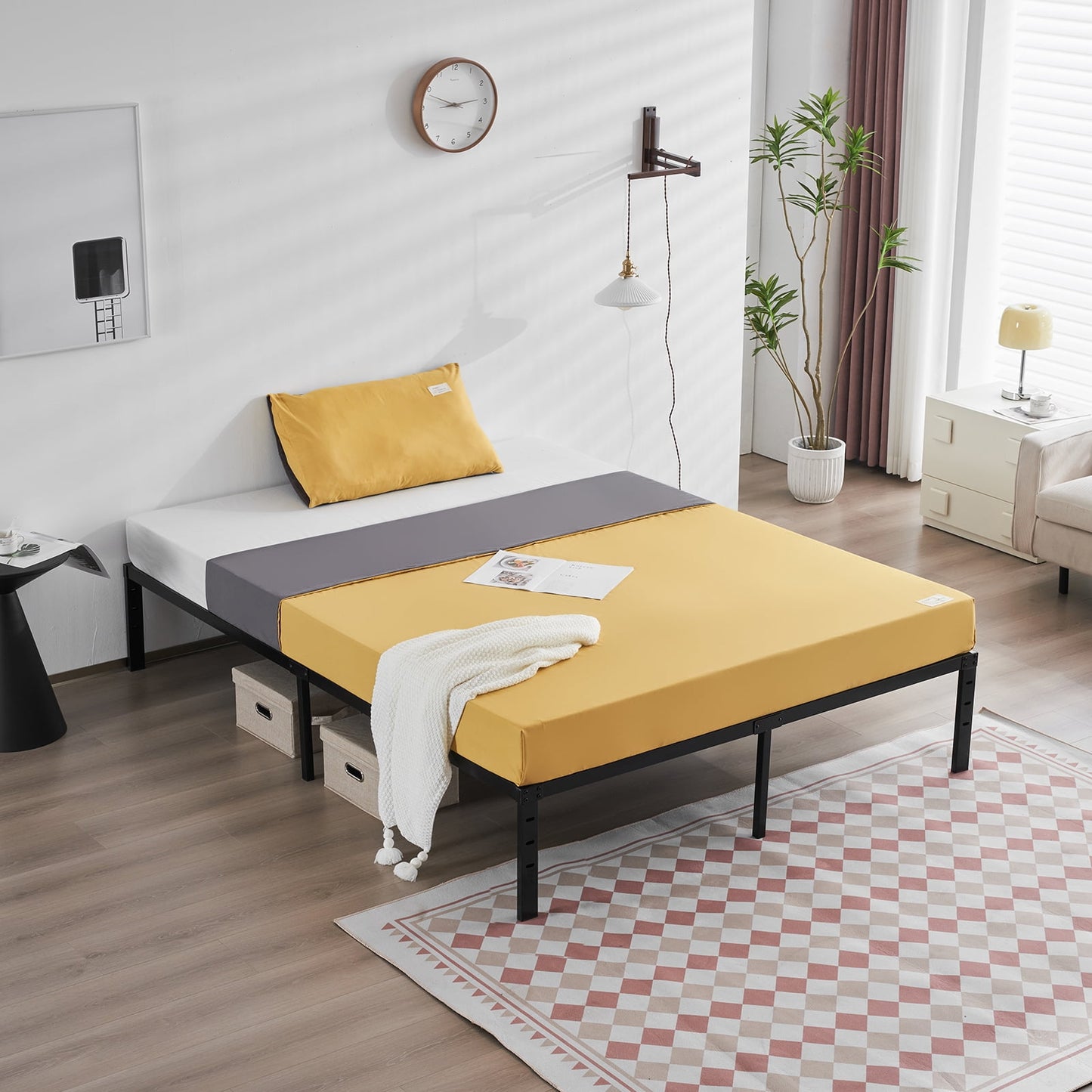 Queen Size Metal Platform Bed, HSUNNS Heavy Duty Metal Bed Frame with 18in Large Underbed Storage Space, Queen Size Platform Bed with Solid Metal Slat Support, No Box Spring Needed, Black