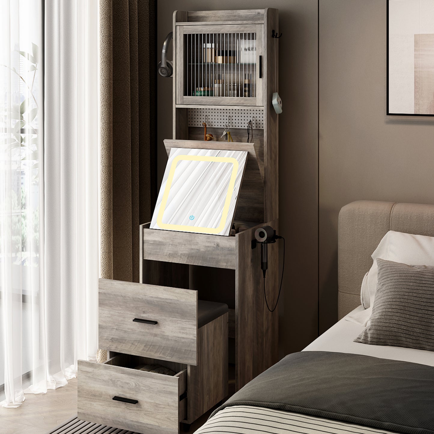 HSUNNS Small Vanity Desk with Flip-Top Mirror and Touch Control LED Light, Modern Wood Makeup Desk with Upholstered Stool, Glass Door, 3 Rocks, Storage Drawer, Hidden Storage, White