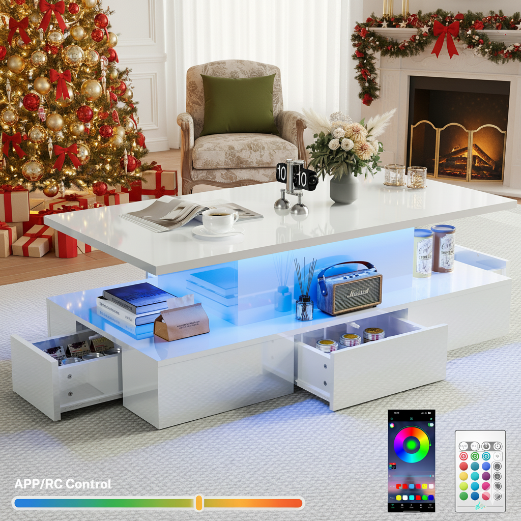 HSUNNS Large High-Glossy LED Coffee Table with 4 Drawers, Living Room Storage Coffee Tables with Remote, Modern Stylish Double-Layer Center Tables w/LED Lights