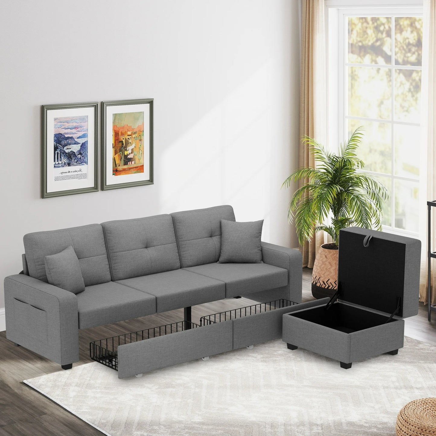 HSUNNS 78" Sectional Sofa Couch with Storage Ottoman and Drawers, Free Combination L-Shaped Sofa with 2 Bottom Storage Drawers and Side Pockets, Modern Linen Sofa Couch for Living Room, Gray