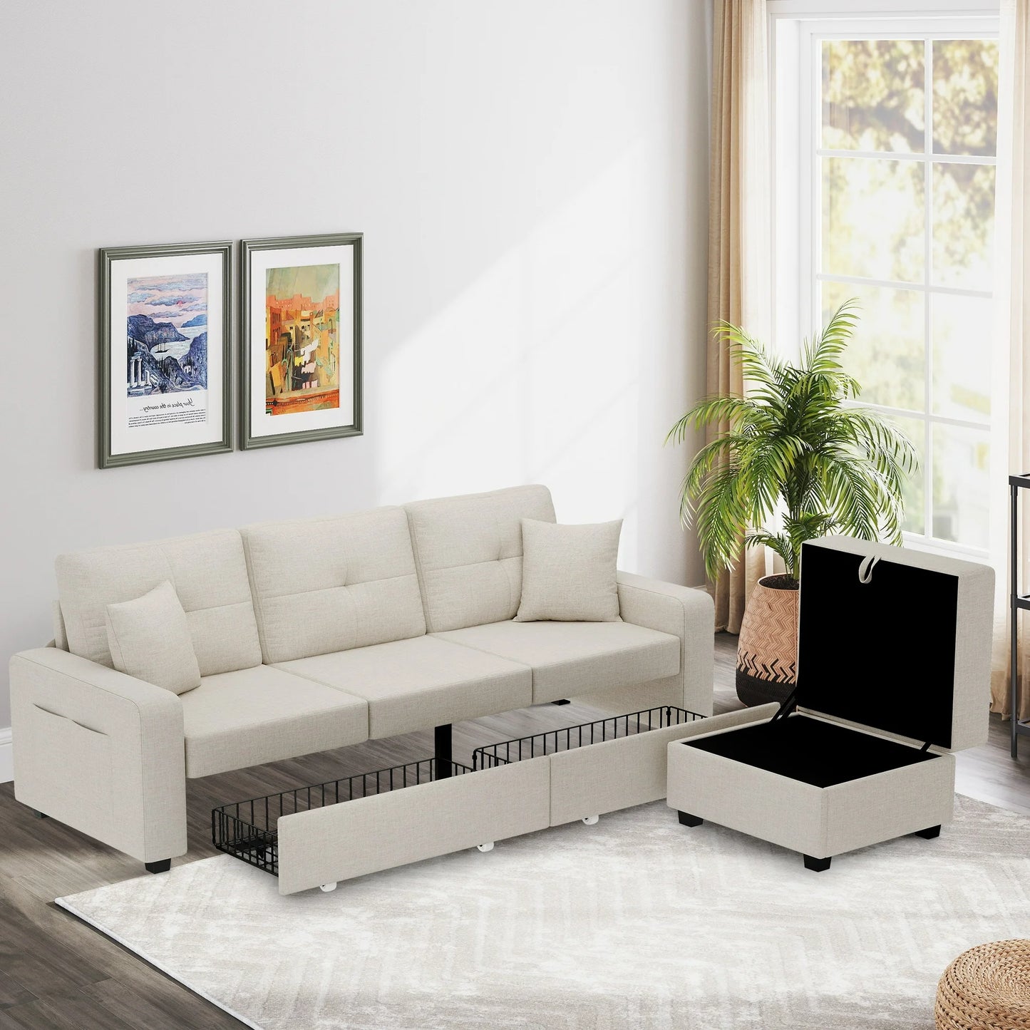 HSUNNS 78" Sectional Sofa Couch with Storage Ottoman and Drawers, Free Combination L-Shaped Sofa with 2 Bottom Storage Drawers and Side Pockets, Modern Linen Sofa Couch for Living Room, Gray