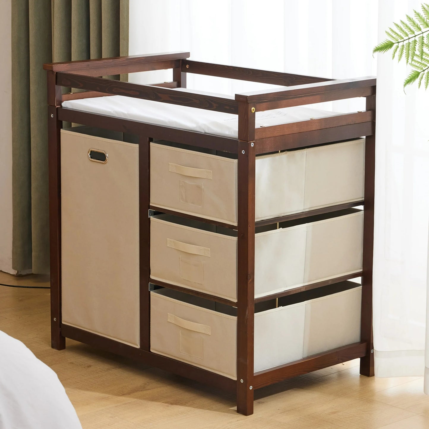 HSUNNS Diaper Changing Table, Wooden Infant Changing Table Dresser with Removable Top, 3 Fabric Drawers and Fabric Bag, Baby Changing Station for Nursery, White