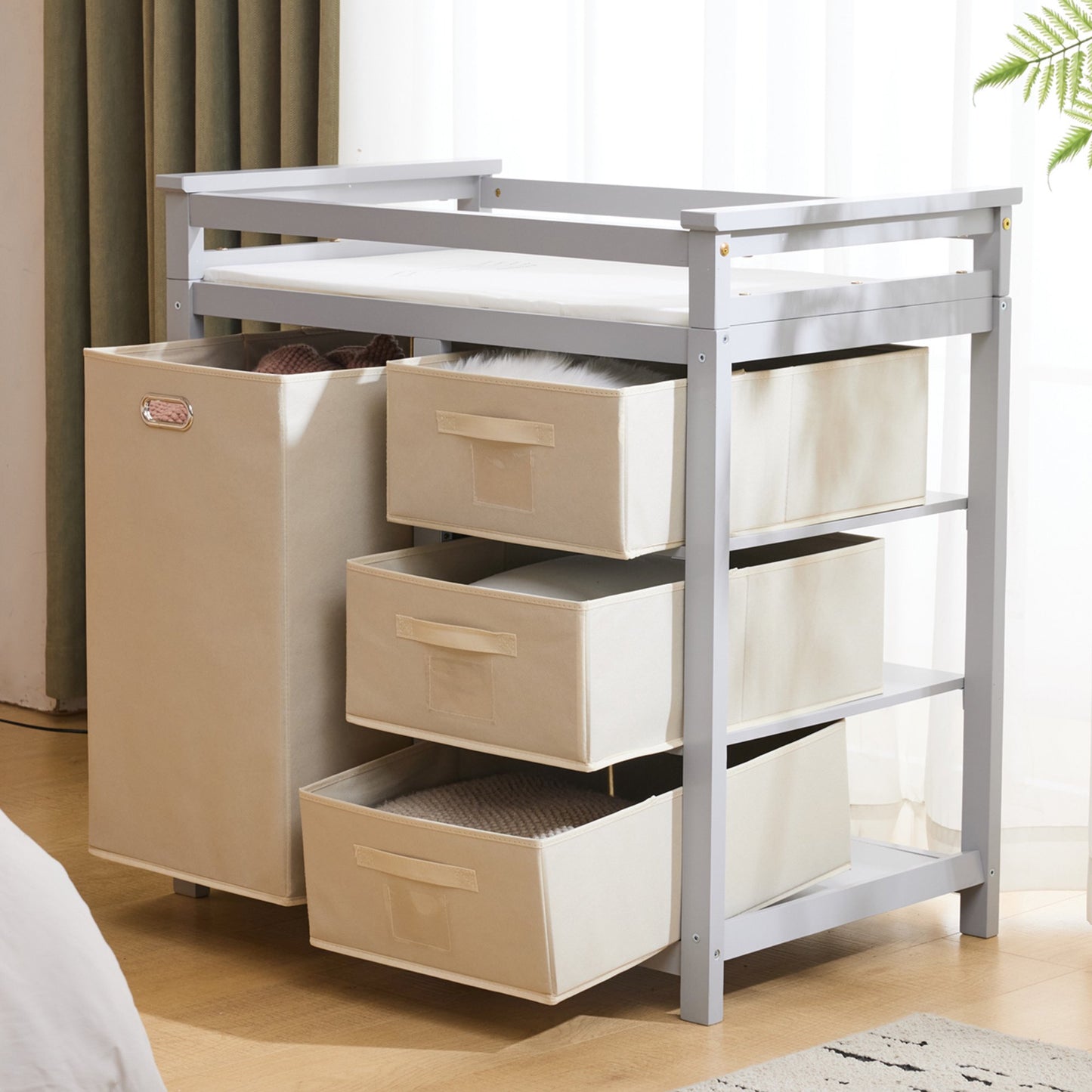 HSUNNS Diaper Changing Table, Wooden Infant Changing Table Dresser with Removable Top, 3 Fabric Drawers and Fabric Bag, Baby Changing Station for Nursery, White