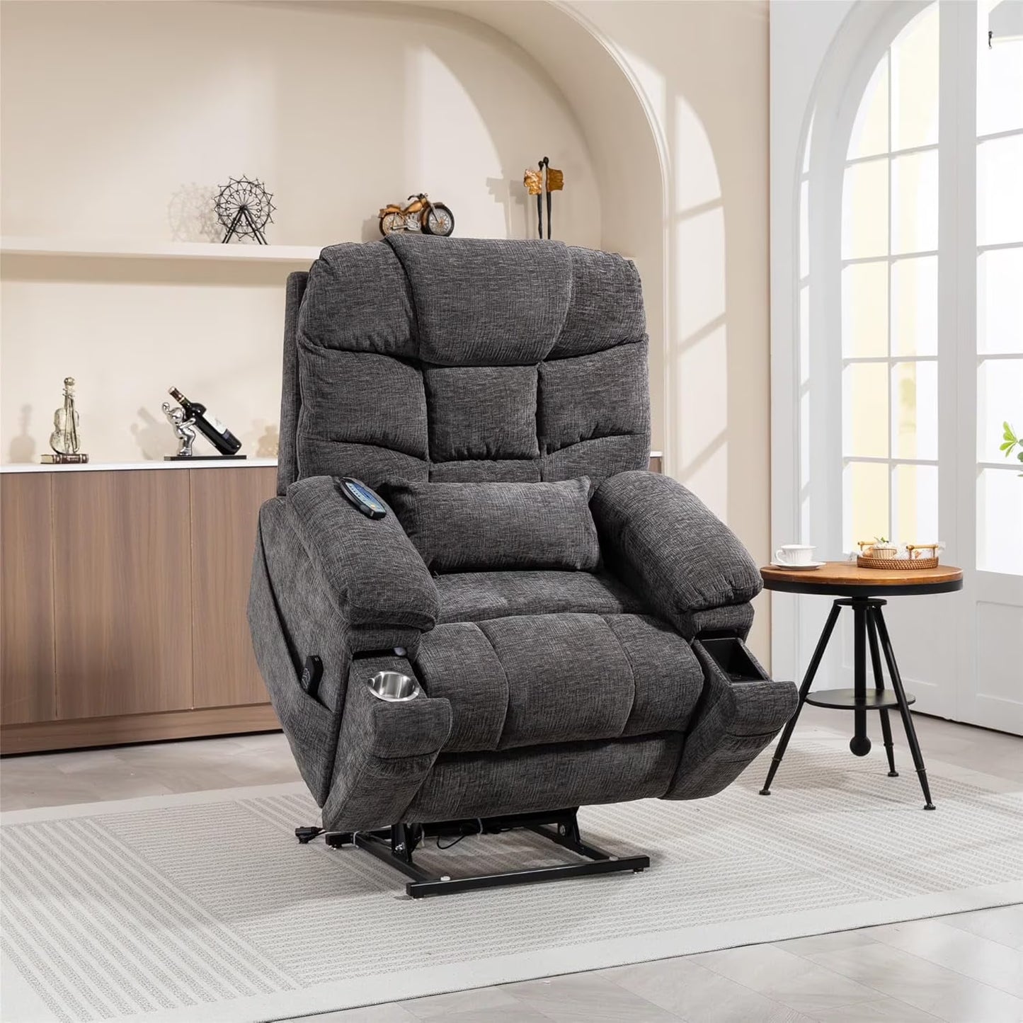 HSUNNS Lay Flat Power Lift Recliner Chair with Heat and Massage for Elderly, Infinite Position Heavy Duty Dual Motor Lift Chair 400 lbs Tall Man Recliner with Cup Holder & Wireless Phone Charger