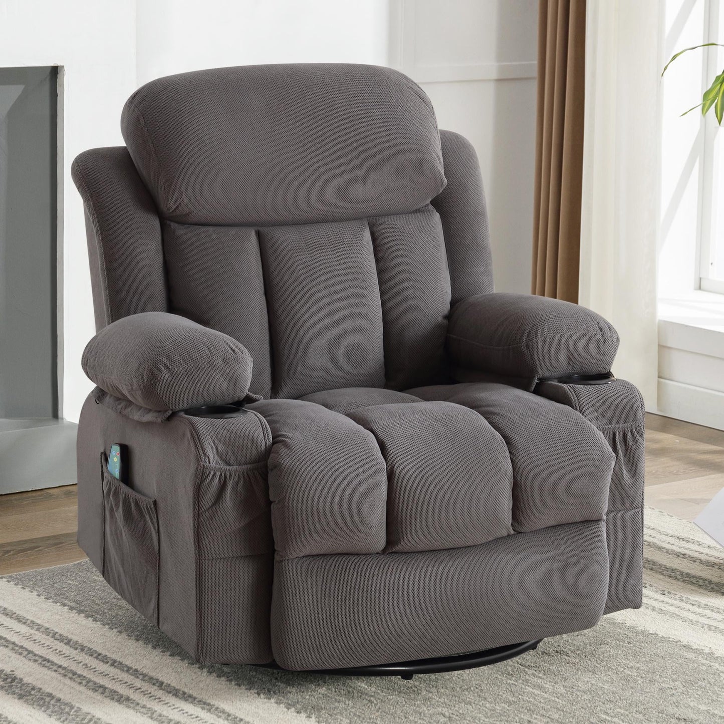 HSUNNS Manual Recliner Chair, Rocker Reclining Chair with Massage and Heat Function, USB, Cup Holders and Side Pockets, 360°Swivel, Oversized Elderly Single Recliner Sofa for Bedroom, Beige