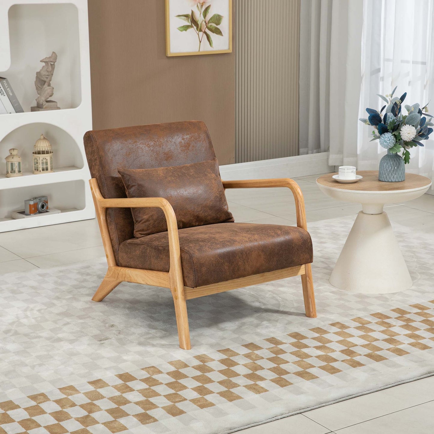 HSUNNS Mid-Century Accent Chair, Modern Wood Armchair with Waist Cushion for Bedroom, Reception Room and Living Room, Reading Armchair for Sunroom, 22.8" Spacious Seat, White