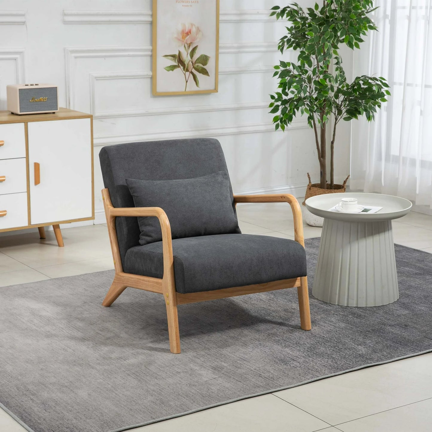 Mid-Century Accent Chair, Modern Wood Armchair with Waist Cushion for Bedroom, Reception Room and Living Room, Reading Armchair for Sunroom, 22.8" Spacious Seat, Gray