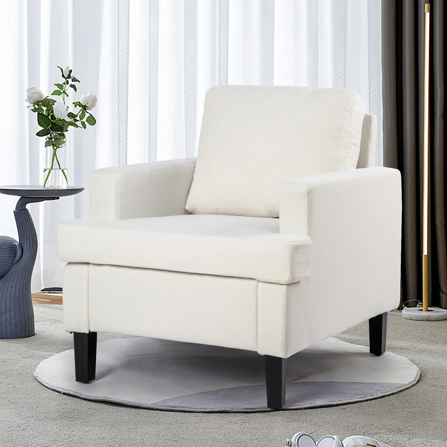 HSUNNS Accent Chair, Mid-Century Linen Fabric Armchair, Modern Upholstered Single Sofa for Bedroom, Reception Room and Living Room, Reading Chair, Solid Wood Structure, 21" Spaciou Seat, Light Gray