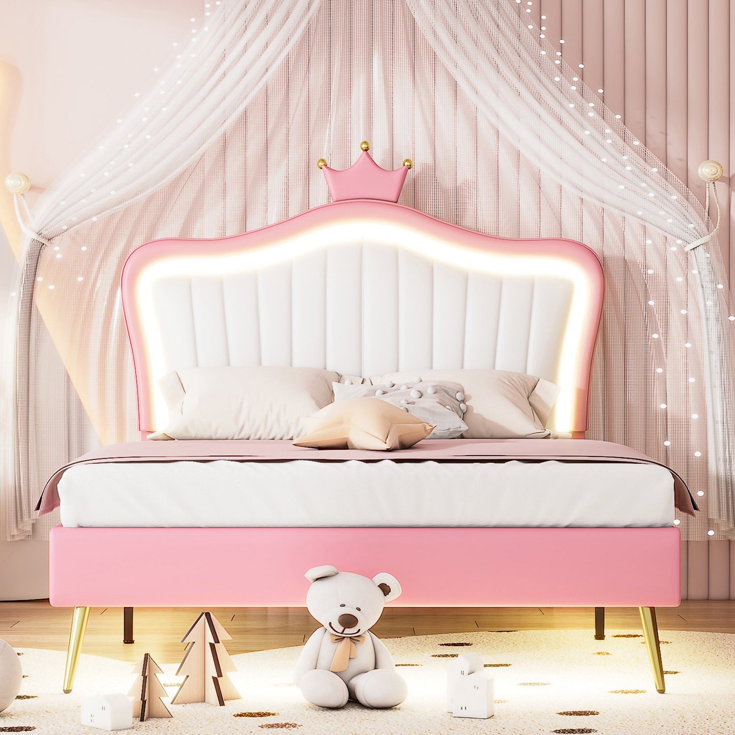 HSUNNS Full Size Bed Frame with LED Lights, Upholstered Princess Full Platform Bed with Crown Adjustable Headboard and Metal Feet for Girls' Bedroom, No Box Spring Needed, 500 LBS, White