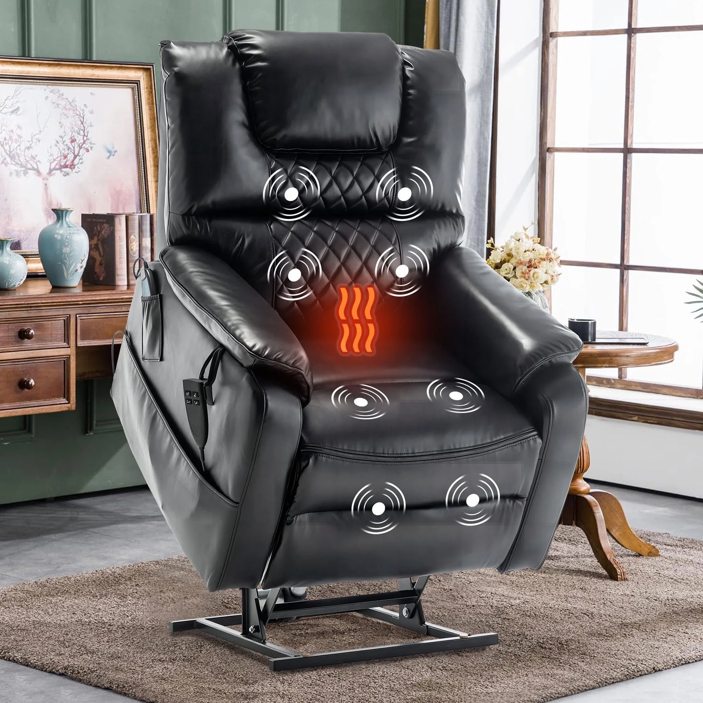 HSUNNS Oversized Power Lift Recliner Chair for Elderly, Large Lay Flat Dual Motor Single Sofa with Heat and Massage, PU Leather Recliner Chair for Living Room, 400LBS Weight Capacity, Beige Yellow