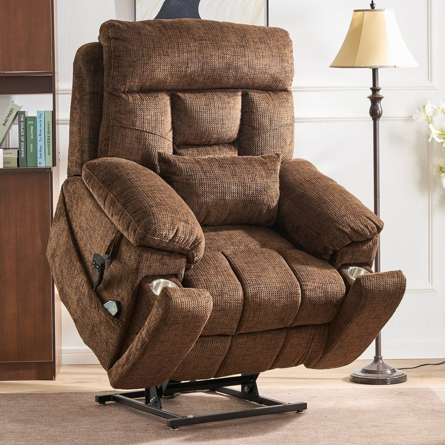 HSUNNS Oversized Power Lift Recliner Chair for Elderly, Large Lay Flat Single Sofa with Heat, Massage and Hidden Cup Holder, Recliners with Dual OKIN Motors, Remote Control, Coffee