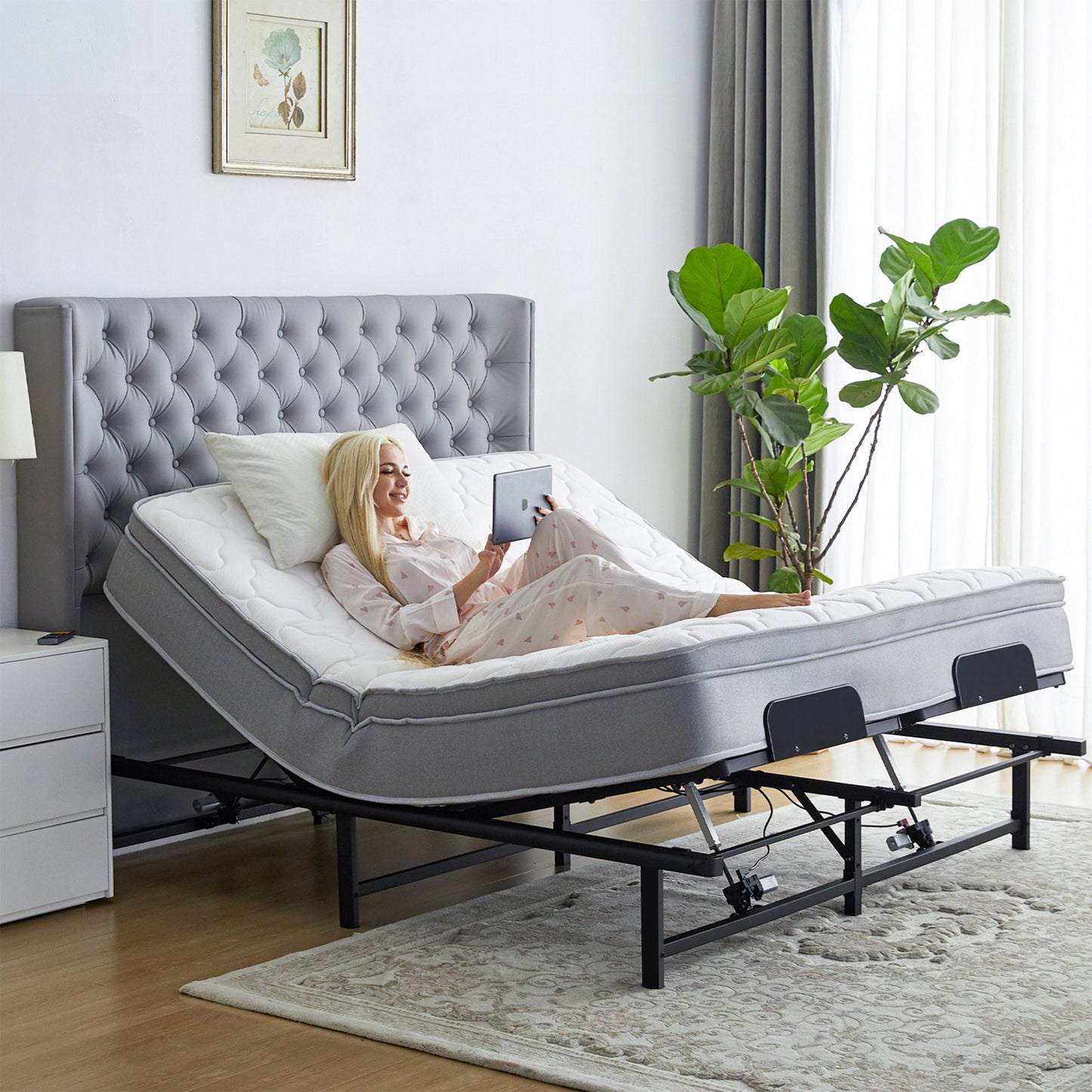 HSUNNS Queen Size Adjustable Bed Base Frame, Ergonomic Design Head and Foot Incline with Wireless Remote, Metal Material, Easy Assembly, Black