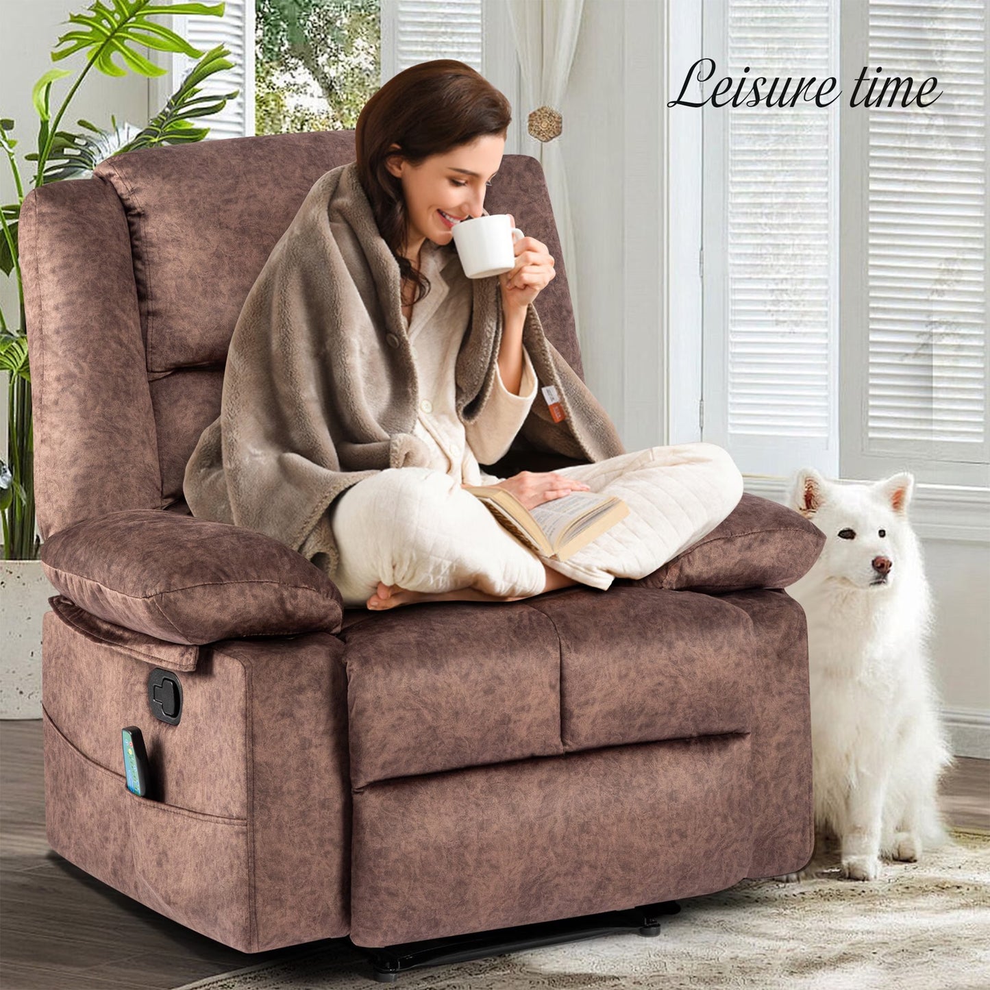 HSUNNS Recliner Chair with Massage and Heating, Single Recliner Sofa with Side Pocket for Elderly and Adults, Manual Recliner Chair for Bedroom Home Theater, Brown