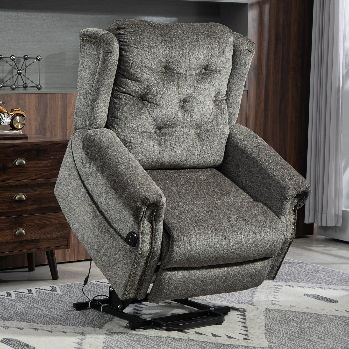 HSUNNS Recliner Chair, Power Electric Lift Recliner Chair with Side Pockets and Adjustable Tufted Wing Back for Living Room Bedroom Home Theater, Classic Brass Nails Velvet Elderly Sofa, Brown