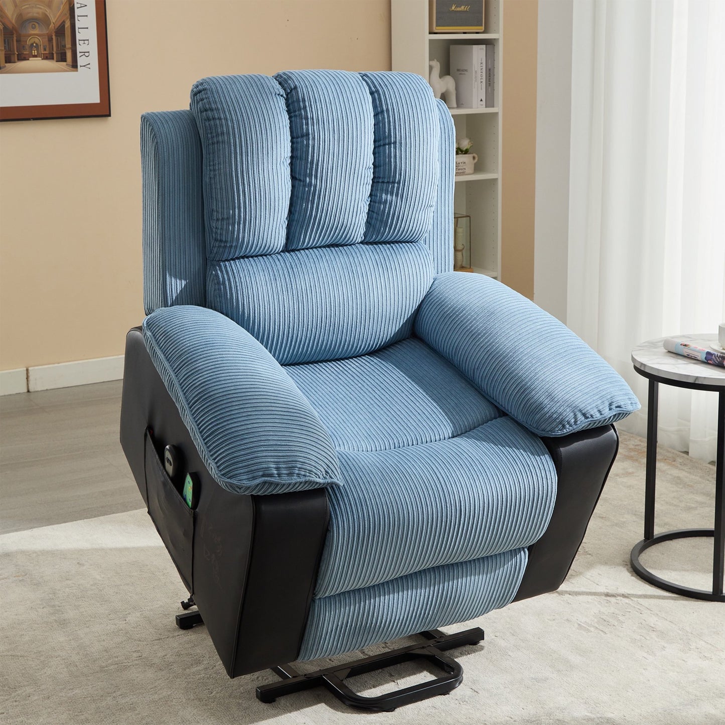 HSUNNS Recliner chair with Heat and Vibrating Massage, Corduroy Power Lift Recliner Chair with Side Pocket for Living Room Bedroom Home Theater, Comfy Padded Overstuffed Soft Elderly Sofa, Blue+Black