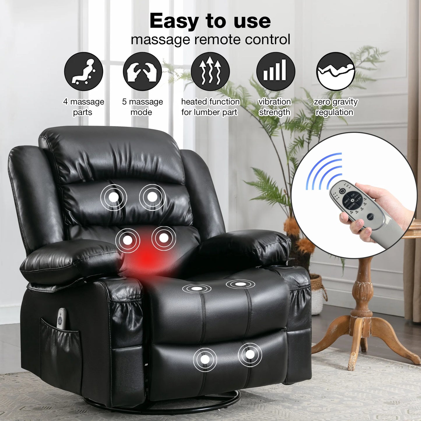 HSUNNS Swivel Rocker Recliner Chair with Heat and Vibration Massage, PU Leather Elderly Reclining Sofa with Cup Holders and Side Pockets, USB Charge Port for Living Room, Home Theater, Brown
