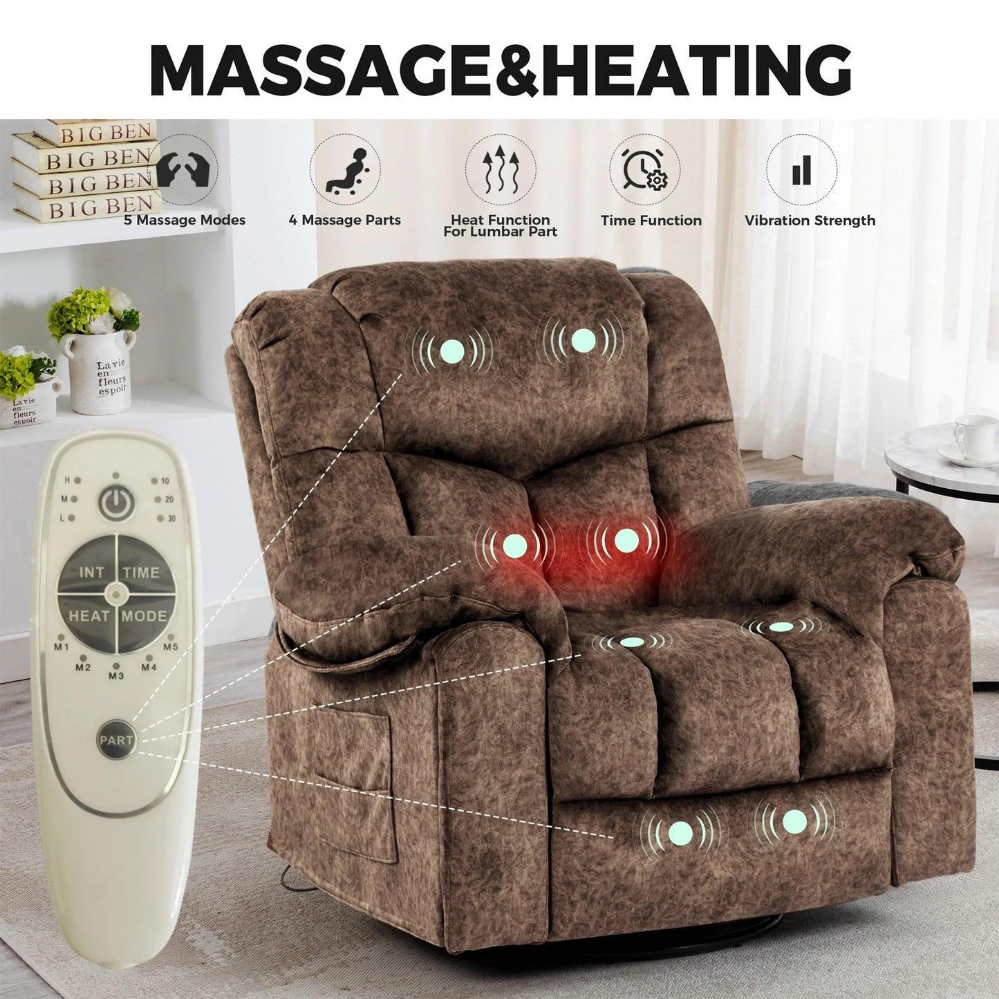 HSUNNS Swivel and Rocking Recliner Chair, Recliners with Massage and Heating for Living Room Home Theater, Bonded Leather Sofa with USB Charging and Cup Holder, Single Recliner Sofa for Adults, Brown